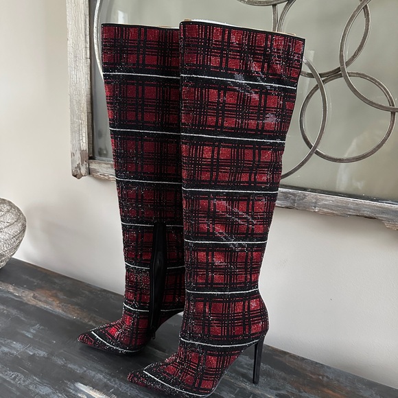 INC International Concepts Shoes - Plaid Knee-High Stiletto Boots - Red and Black Beaded